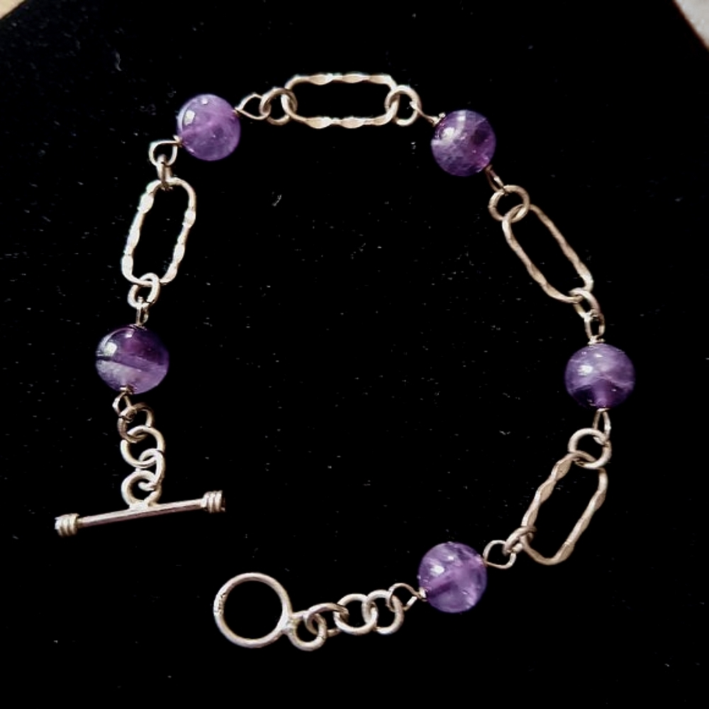 Vintage Sterling Silver 925 Amethyst Gemstone Paperclip Bracelet
